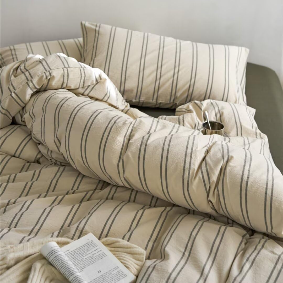 Ruccit Beige Duvet Cover Sets Double Bed Green Striped 100% Washed Cotton Cream Duvet Cover Double Kids Teens Modern 3pcs Quilt Cover Farmhouse