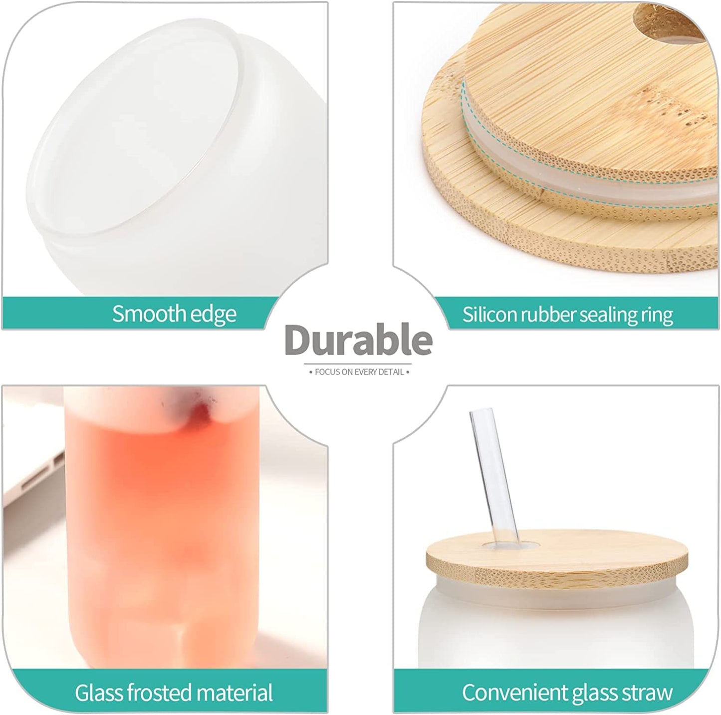 LATERN 8Pcs Sublimation Glass Cans, 520ml Frosted Sublimation Beer Can Borosilicate Glasses Tumbler Mason Jar Mug Cups with Bamboo Lids & Reusable