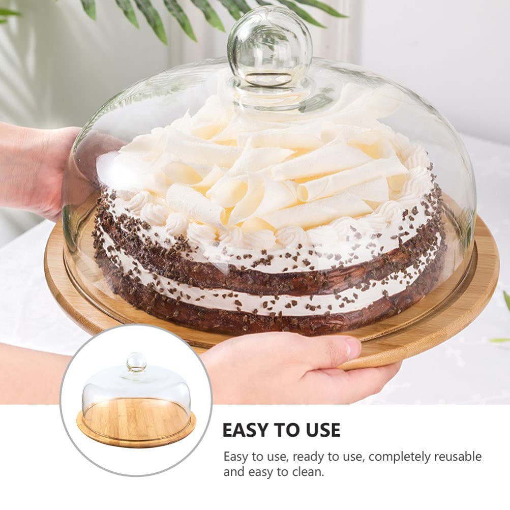 VOSAREA Cake Tray with Glass Dome Stand - Wooden Cake Plate Serving Platter Holder for Birthday Wedding Party (Clear, 29cm)
