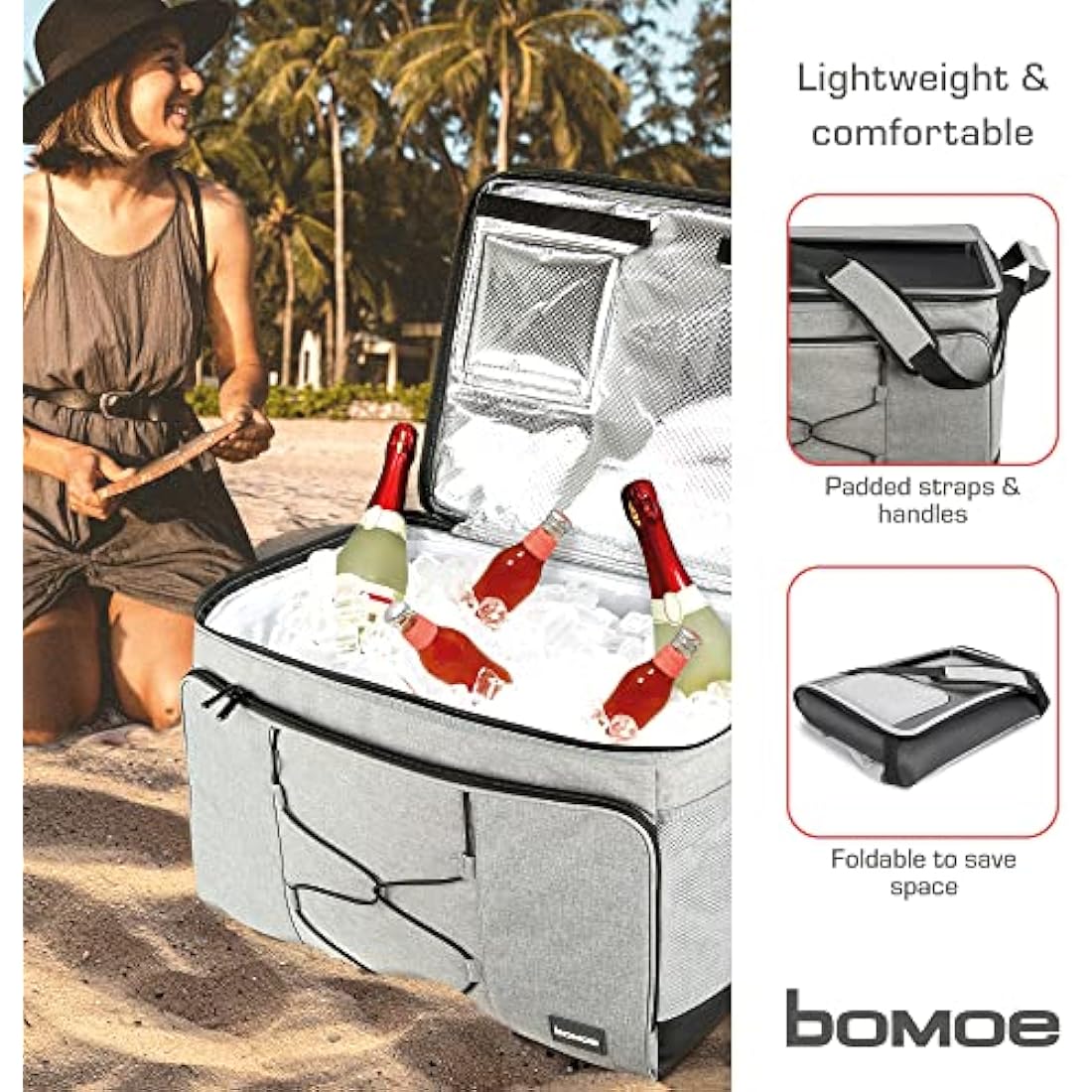 bomoe Cooler Bag Foldable – Beach Cooler Bag – Insulated Picnic Bag with 16h Cooling Function – Small Lunch Bag – Cooler Food Bag with Extra Pocket