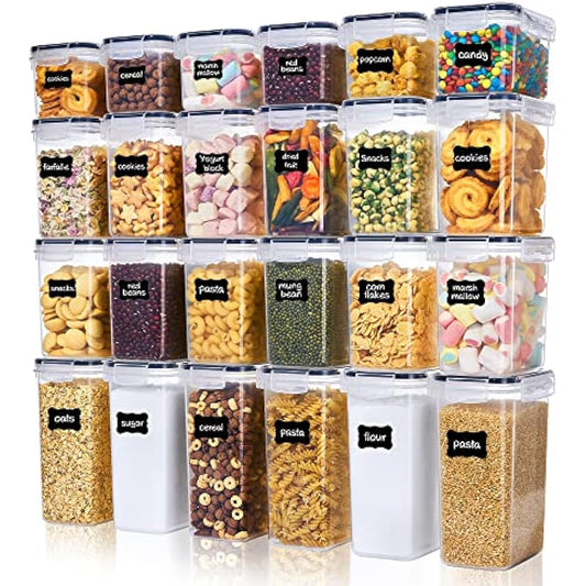 Vtopmart Set of 24 Airtight Food Storage Containers & Kitchen Storage Containers, BPA-Free Plastic Containers for Flour, Sugar and Baking Supplies, with 24 Labels (Black)