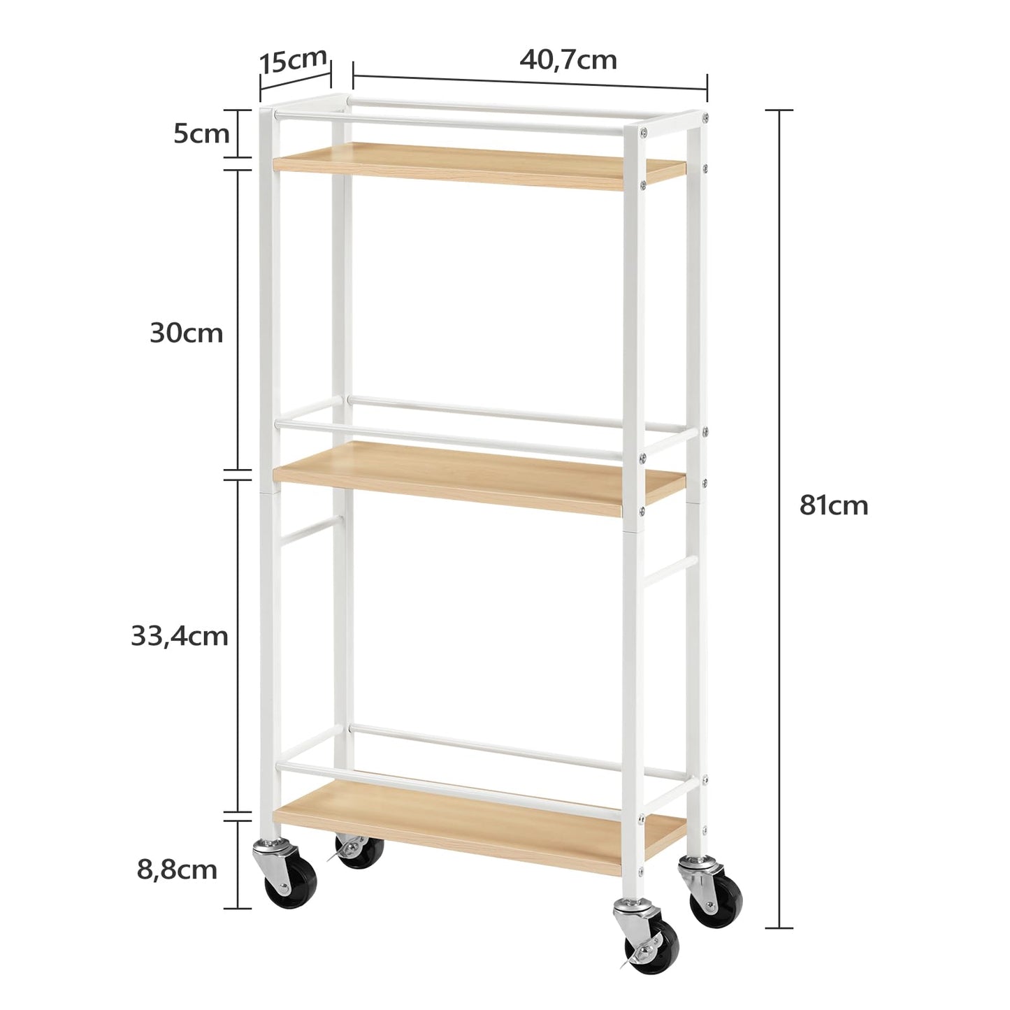 MAHANCRIS 3-Tier Slim Rolling Cart, Mobile Utility Cart on Wheels, Narrow Shelving Unit for Small Space, Wooden Kitchen Storage Rack, for Bathroom,