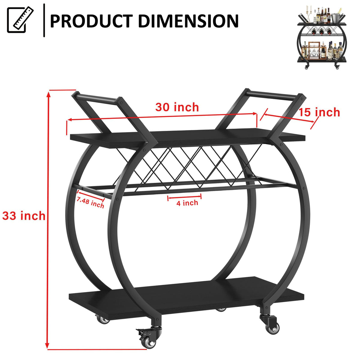 LVB Drinks Trolley, Rolling Bar Cart, Kitchen Trolley on Wheels, Modern Serving Trolley, Wine Cart with Storage Shelves, Wine Holders, for Home Bar