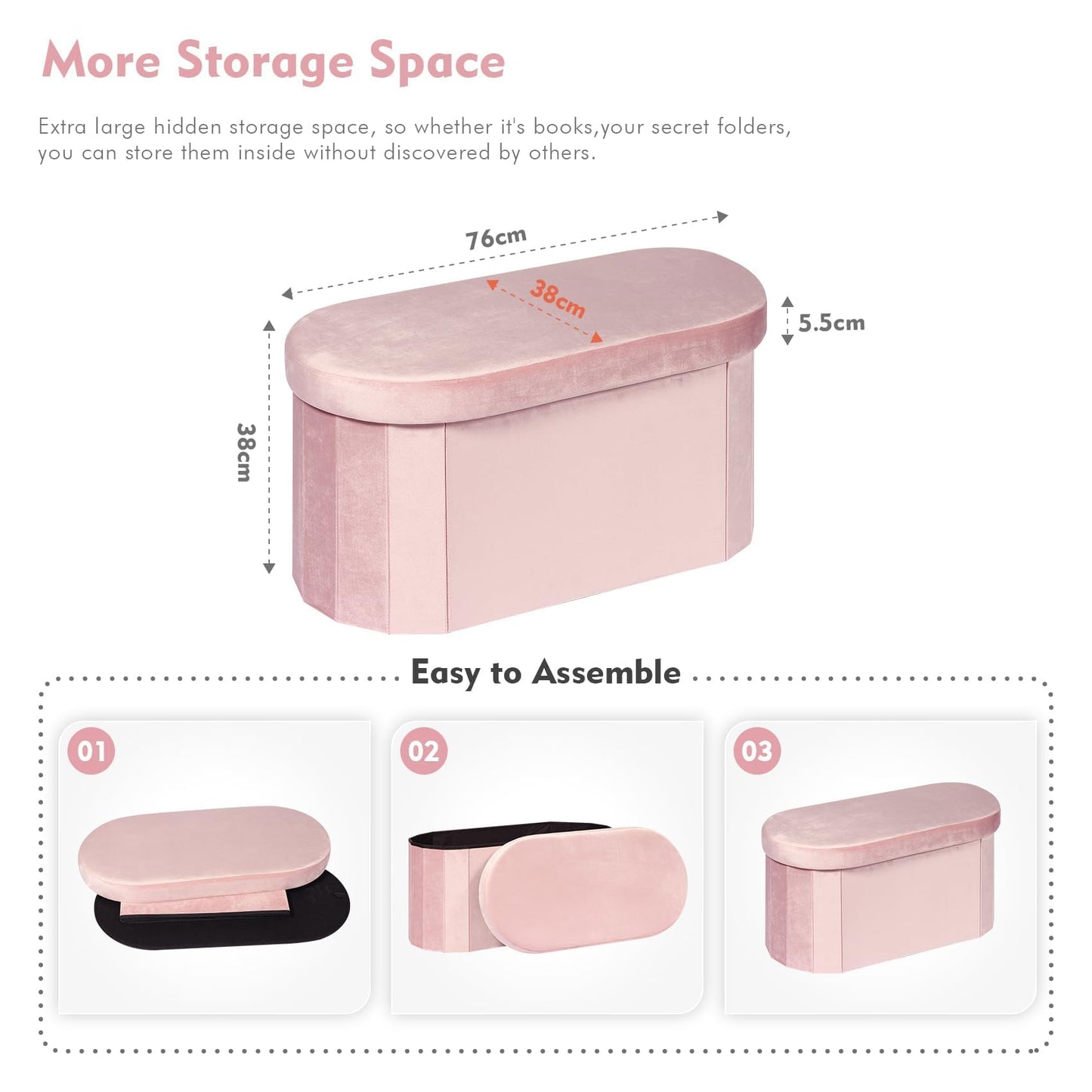 Bonlife Pink Velvet Ottoman Storage Bench with Seat,Foldable Stool Living Room Furniture,Oval Large Toy Box Storage Chest with Lid,76x38x38cm