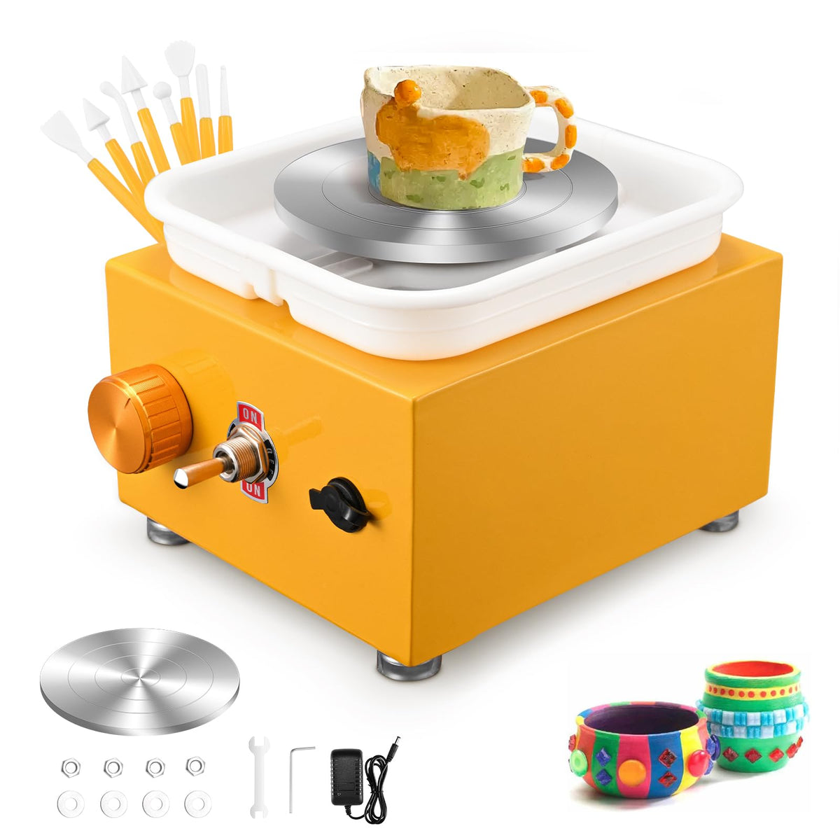 Mini Electric Pottery Wheel, Couleeur 2000RPM & 10/6.5cm Plates Turntable Pottery Machine, Adjustable Speed Pottery Wheel with Shaping Tools for