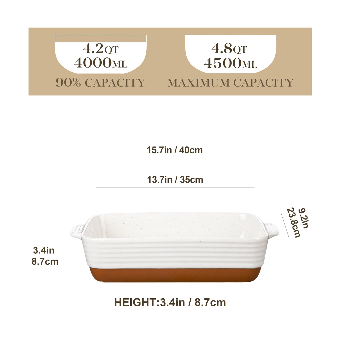 MALACASA 4.5L Ceramic Baking Dish with Handles, 9 x 13 Inches Casserole Dishes, Deep Rectangular Oven Dish, Khaki White Lasagna Pan Bakeware for