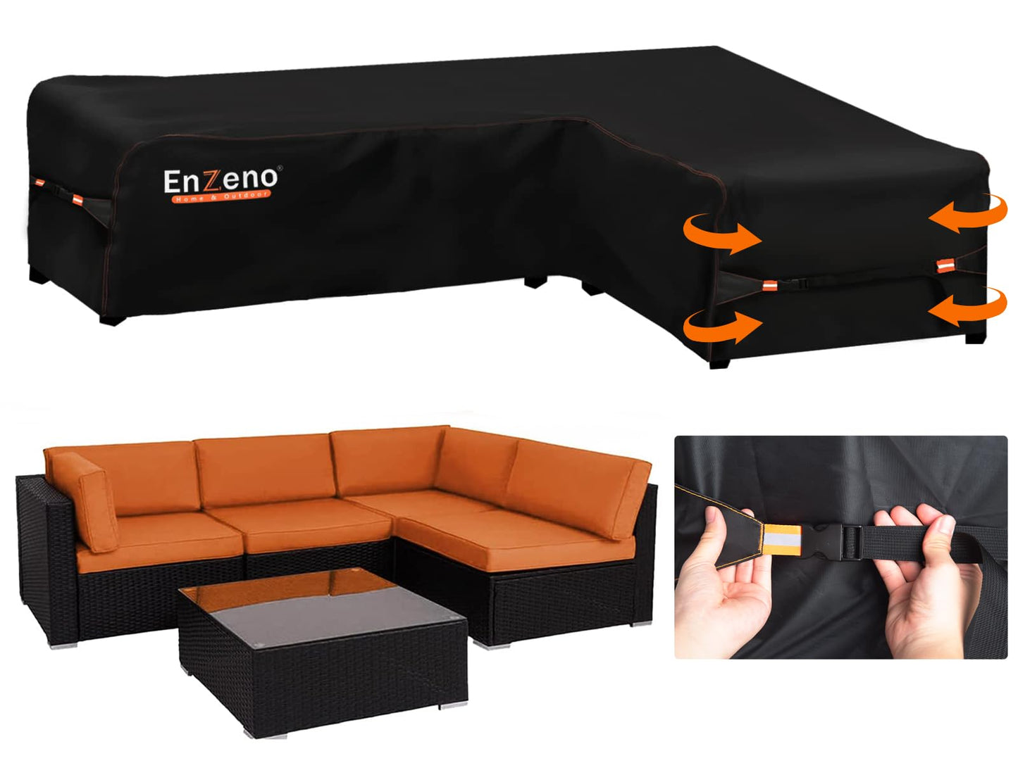 Enzeno Garden L-Shape Furniture Cover Waterproof, 420D Heavy Duty Oxford Fabric Outdoor Rattan Corner Sofa Cover with Waterproof Tape (260 * 210 *