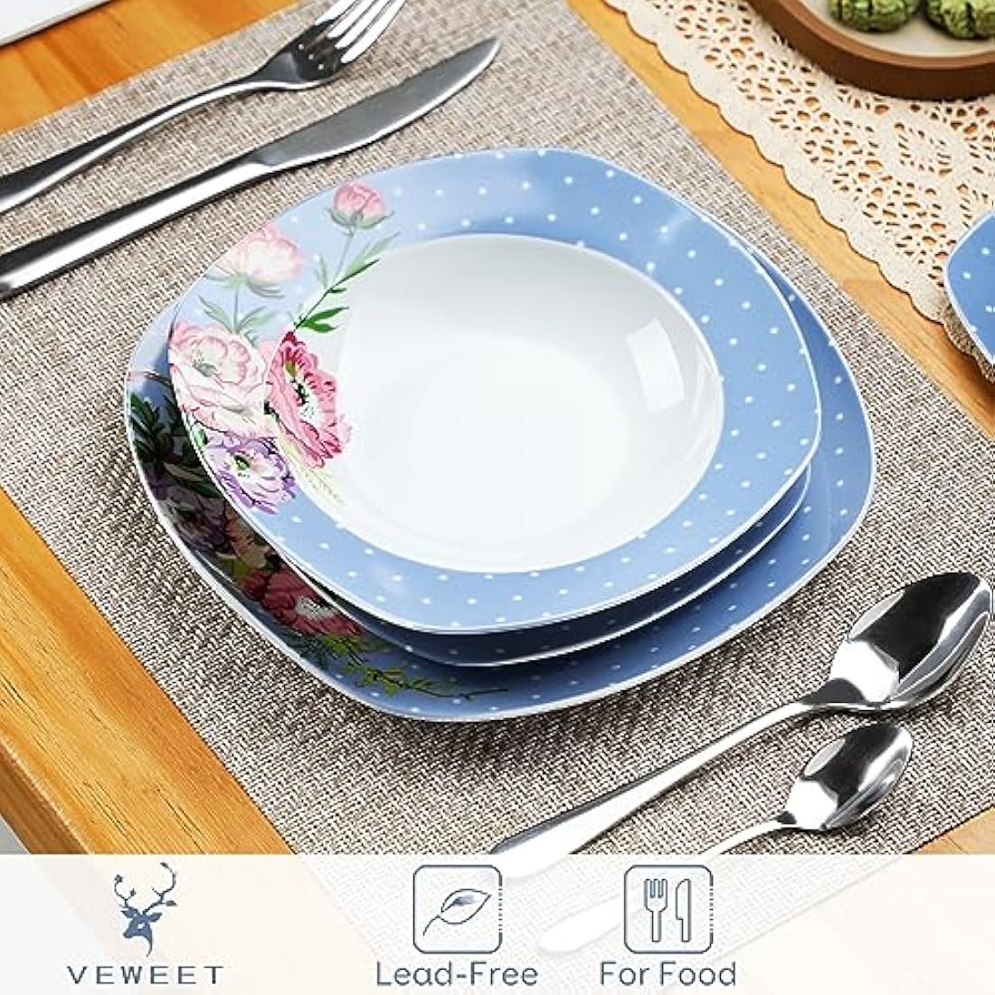 VEWEET 'Hannah' 30-Piece Dinner Set Blue White Dots Pink Flower Porcelain Pattern Combination Set with Dessert Plates Soup Plates Dinner Plates Cups Saucers Service for 6
