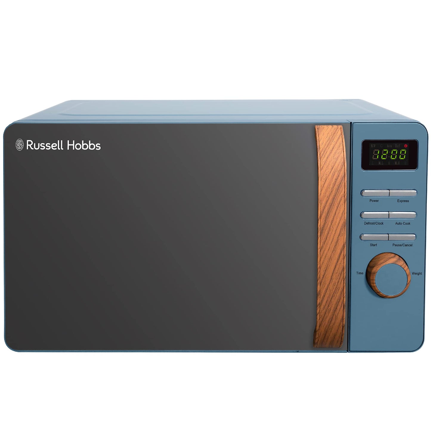 Russell Hobbs RHMD714BL 17 L 700 W Scandi Blue Digital Microwave with 5 Power Levels, Wood Effect Handle & Dials, Clock & Timer, Automatic Defrost,