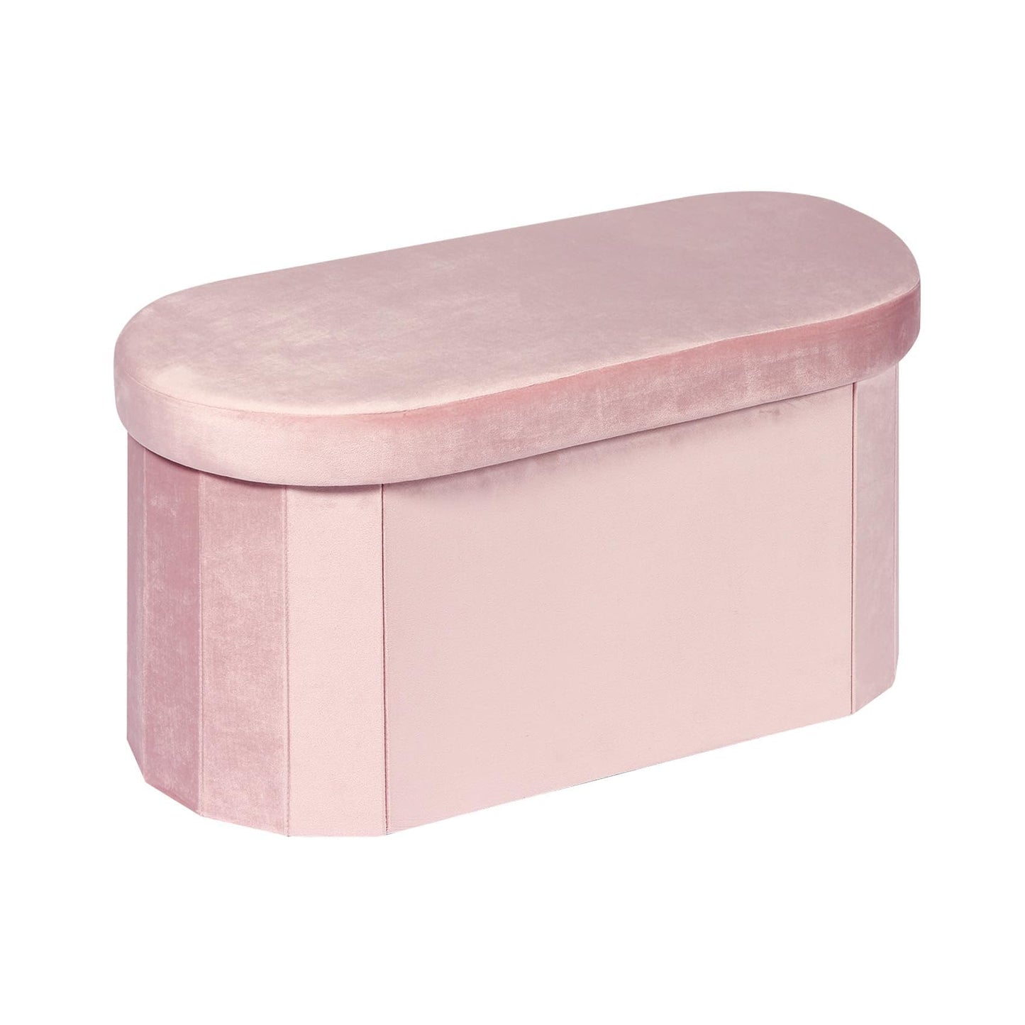 Bonlife Pink Velvet Ottoman Storage Bench with Seat,Foldable Stool Living Room Furniture,Oval Large Toy Box Storage Chest with Lid,76x38x38cm
