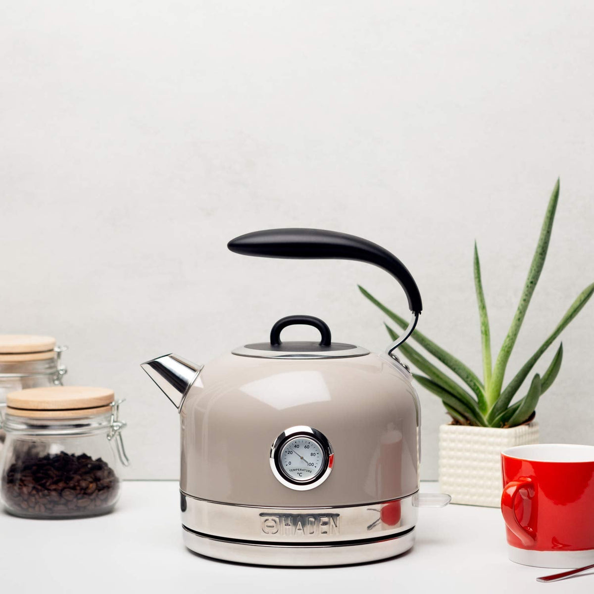 Haden Jersey Stainless Steel Kettle - 3000W Rapid Boil Technology, Ergonomic Design, BPA-Free, Safety Features, and Stylish Chrome Detailing, Putty