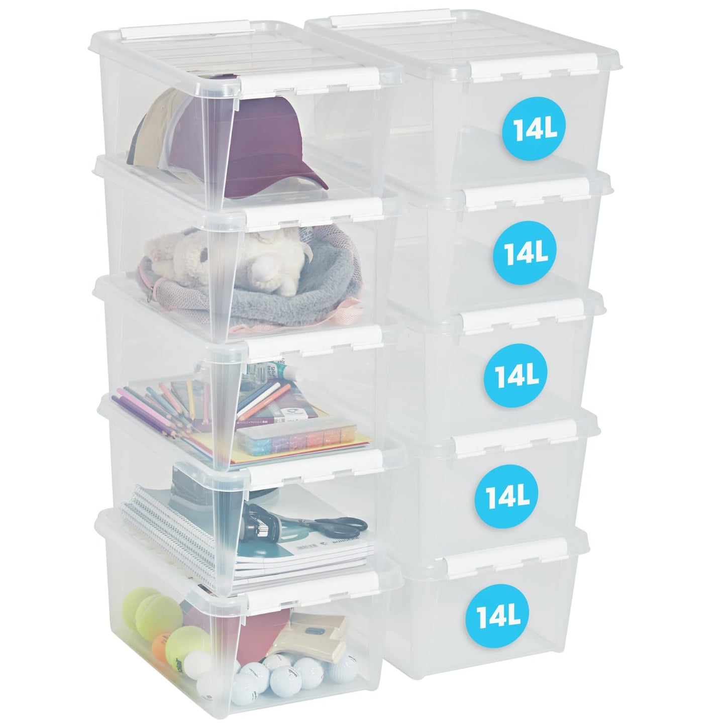 SmartStore 14L Plastic Storage Boxes with Lids - Set of 10 - Transparent - Stackable and Nestable - 10 Year Guarantee- Food Safe and BPA Free -White