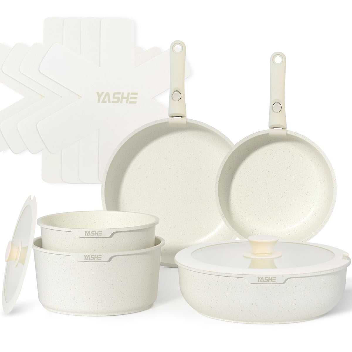 YASHE 13Pcs Pots and Pans Sets Non Stick, Kitchen Cookware Sets, Induction Pan Set for RV Set, Pans with Detachable Handle, Granite White, Oven Safe,