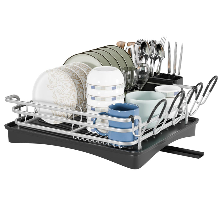 BRIAN & DANY Aluminum Dish Drying Rack, Dish Drainer with Removable Cutlery Holder & Cup Holder, Unique 360 Swivel Spout Drain Board, Silver, 41.9x