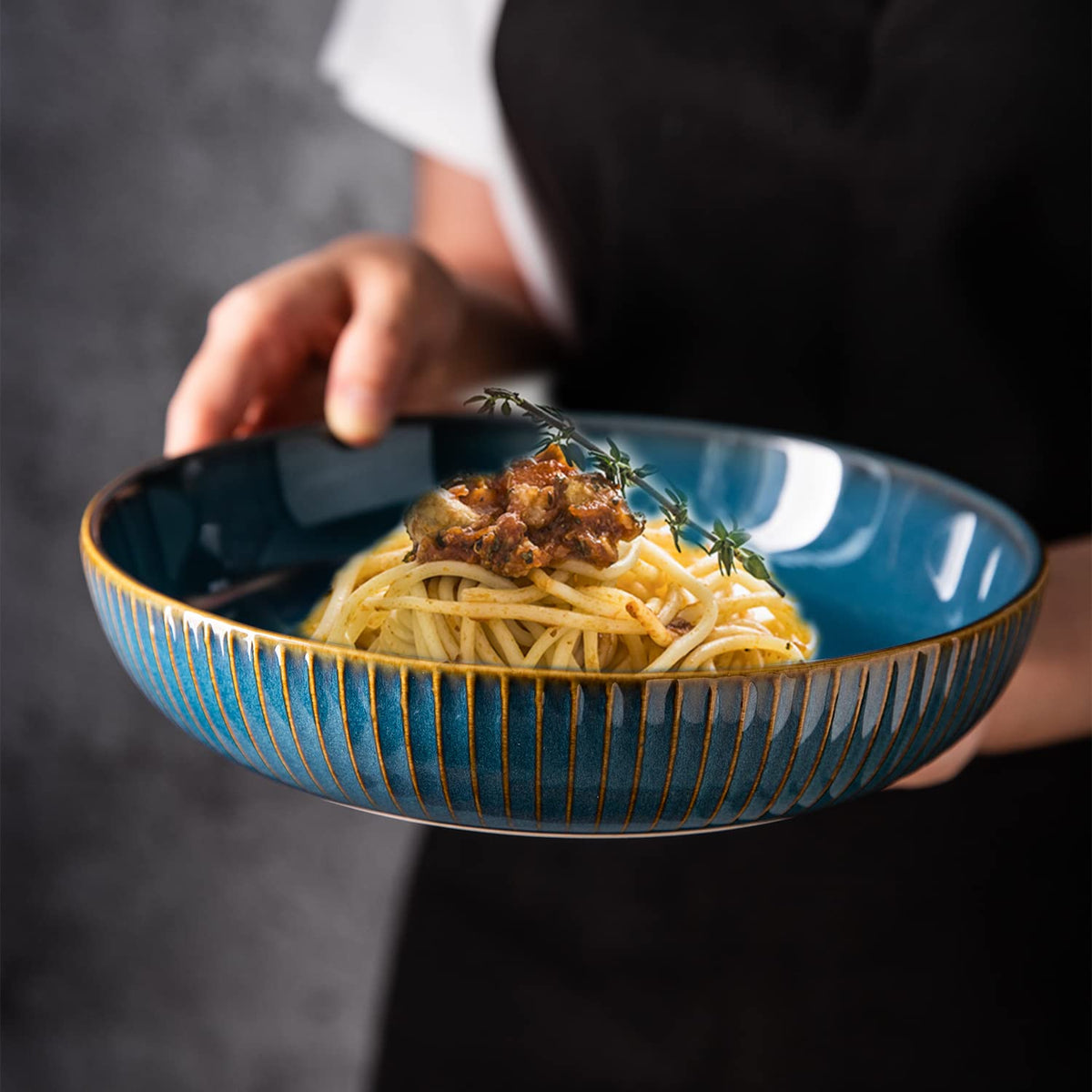 CSYY 4 Pcs Large Pasta Bowls, 1000ml 21cm Deep Porcelain Plates Set, Blue Round Premium Plates Set for Pasta, Salad, Soup, Fruit