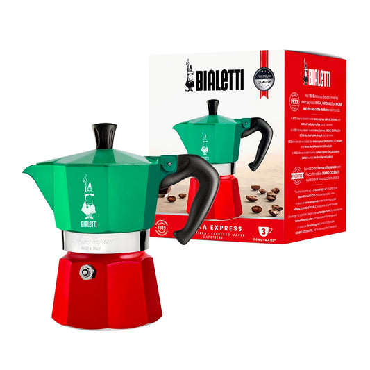 Bialetti Moka Express Italia Collection (Tricolor), 3 cup coffee maker, Aluminum, Green/Red