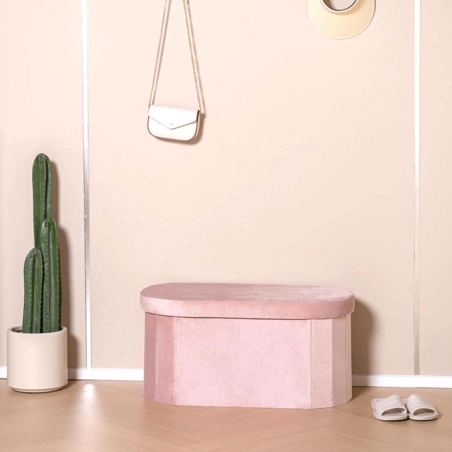 Bonlife Pink Velvet Ottoman Storage Bench with Seat,Foldable Stool Living Room Furniture,Oval Large Toy Box Storage Chest with Lid,76x38x38cm