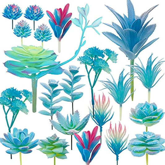 Woohome NA 20 PCS Artificial Succulent Plants, Blue Fake Succulent, Unpotted Faux Succulent Assortment in Flocked Blue in Different Type for Birthday Home Decor Indoor Wall Garden DIY