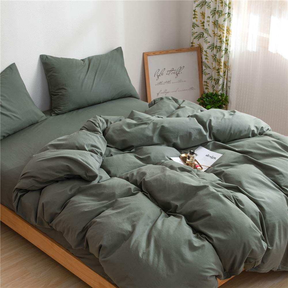 Ruccit Sage Green Duvet Cover Set King Size Bed 100% Washed Cotton King Duvet Cover Adults Teens 3pcs Simple Plain Farmhouse Bedding Set Zipper