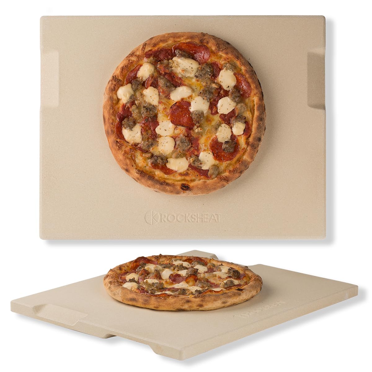 ROCKSHEAT Pizza Stone Bread Baking Stone 30 x 38cm Rectangular Stone for Oven and Grill Innovative Double-Sided Built-in Design with 4 Handles Pizza