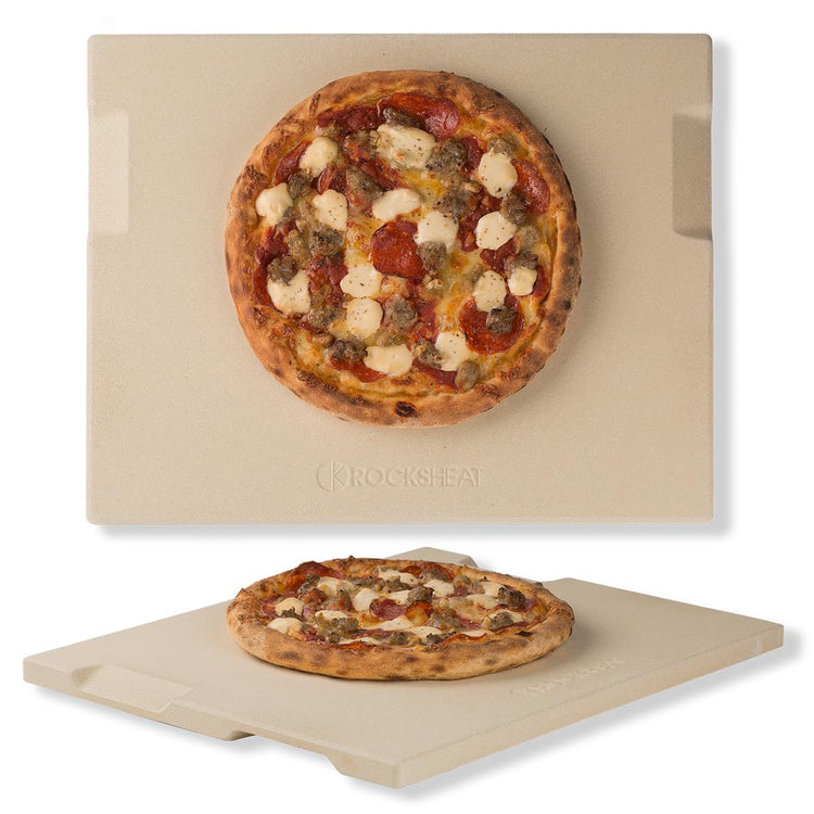 ROCKSHEAT Pizza Stone Bread Baking Stone 30 x 38cm Rectangular Stone for Oven and Grill Innovative Double-Sided Built-in Design with 4 Handles Pizza