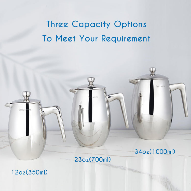 Easyworkz Nando Double Wall French Press Coffee Maker 1000ml Stainless Steel Insulated Thermal Cafetiere