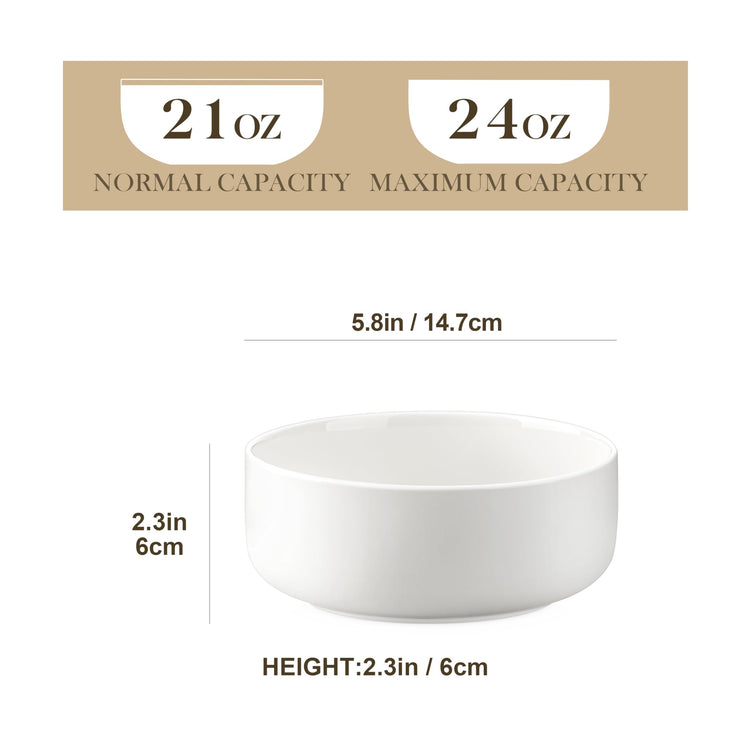 MALACASA 24 oz Cereal Bowls Set of 6, Premium Porcelain Soup and Salad Bowls, Microwave Dishwasher Safe, Modern White Bowl for Noodles, Dessert,