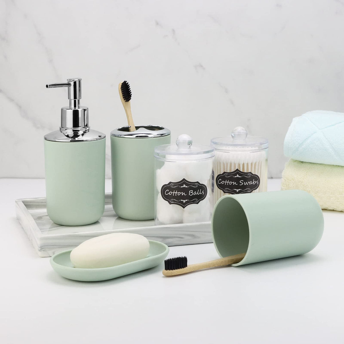 IMAVO Bathroom Accessory Set - 8 Pcs Green Bathroom Accessories Set with Trash Can, Soap Dispenser, Soap Dish, Toothbrush Holder, Toothbrush Cup,