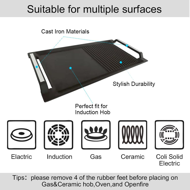 COVERCOOK Griddle Pan, Cast Iron Grill Pan, Rectangular Grill, 2 Handles,Griddle with Flat and Ridged Surface for Induction Hob Open Fire Oven