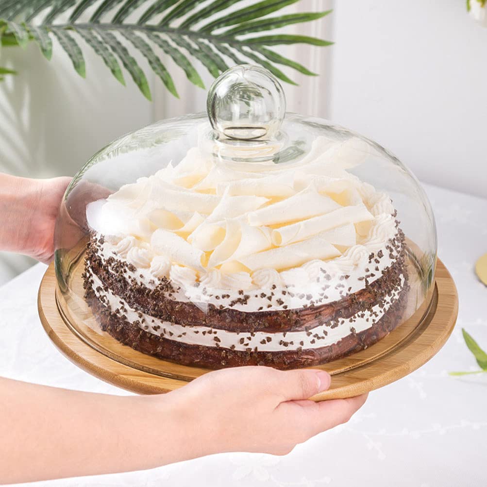 VOSAREA Cake Tray with Glass Dome Stand - Wooden Cake Plate Serving Platter Holder for Birthday Wedding Party (Clear, 29cm)
