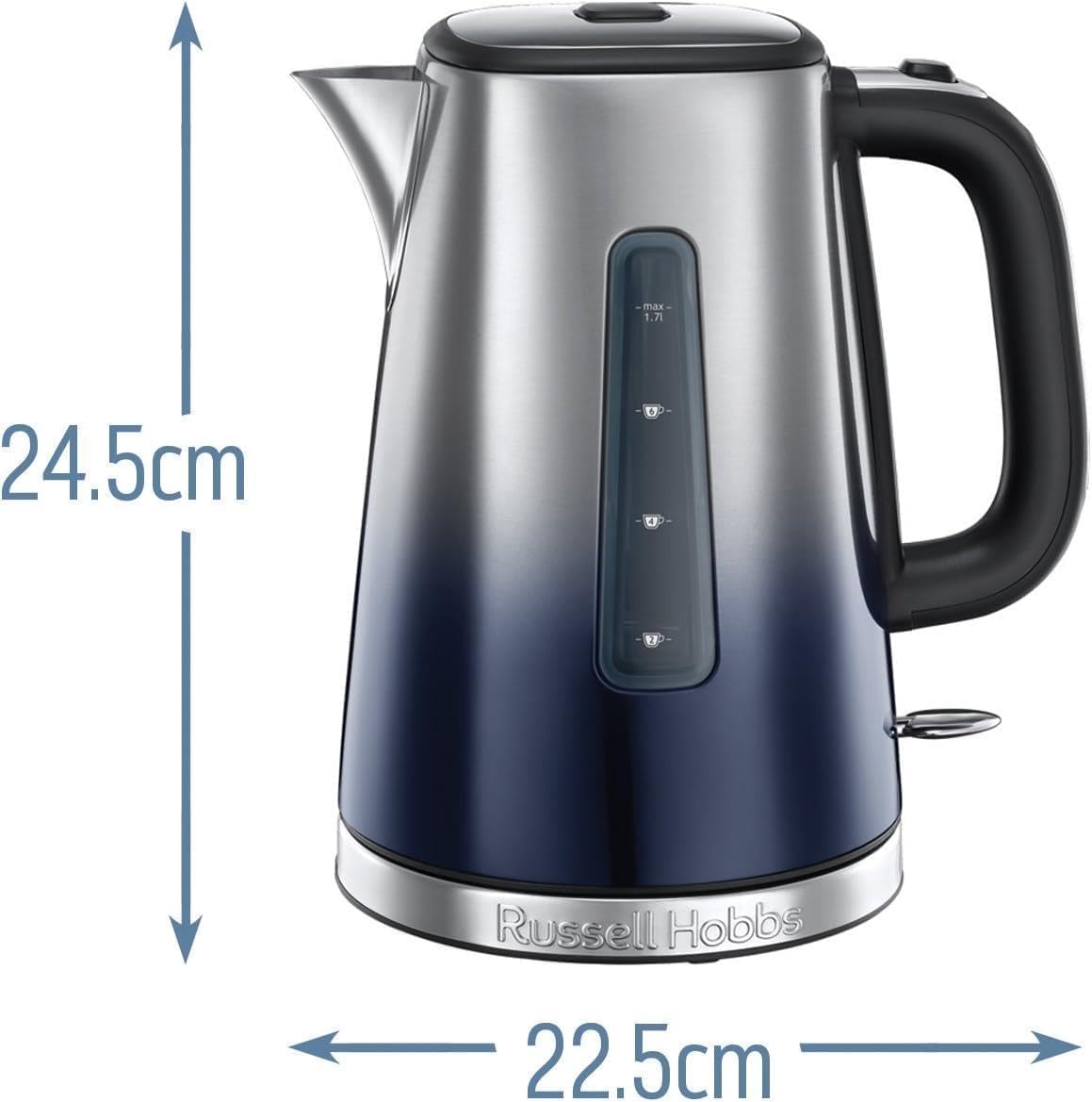 Russell Hobbs Eclipse Stainless Steel & Midnight Blue Ombre 1.7L Electric Cordless Kettle (Quiet & Fast Boil 3KW, Removable washable anti-scale