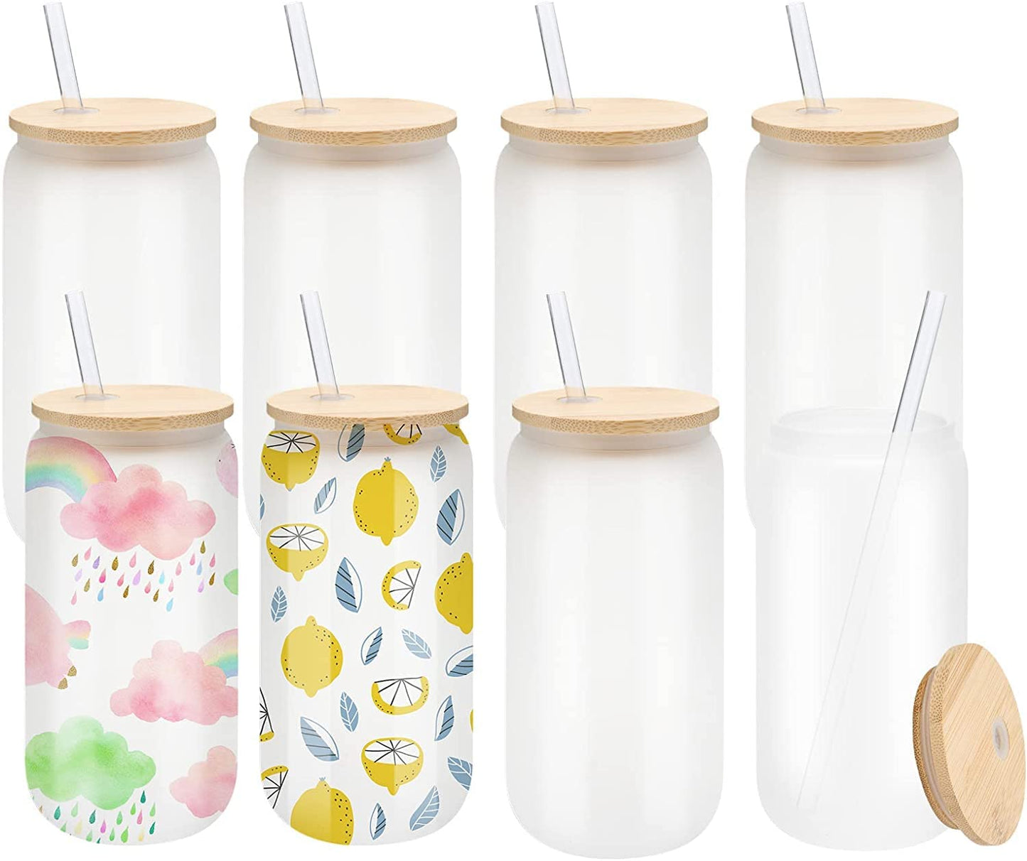 LATERN 8Pcs Sublimation Glass Cans, 520ml Frosted Sublimation Beer Can Borosilicate Glasses Tumbler Mason Jar Mug Cups with Bamboo Lids & Reusable