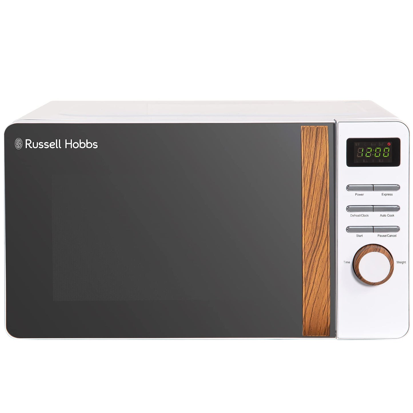 Russell Hobbs RHMD714 17 L 700 W Scandi White Digital Microwave with 5 Power Levels, Wood Effect Handle & Dials, Clock & Timer, Automatic Defrost,