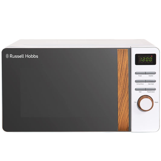 Russell Hobbs RHMD714 17 L 700 W Scandi White Digital Microwave with 5 Power Levels, Wood Effect Handle & Dials, Clock & Timer, Automatic Defrost,