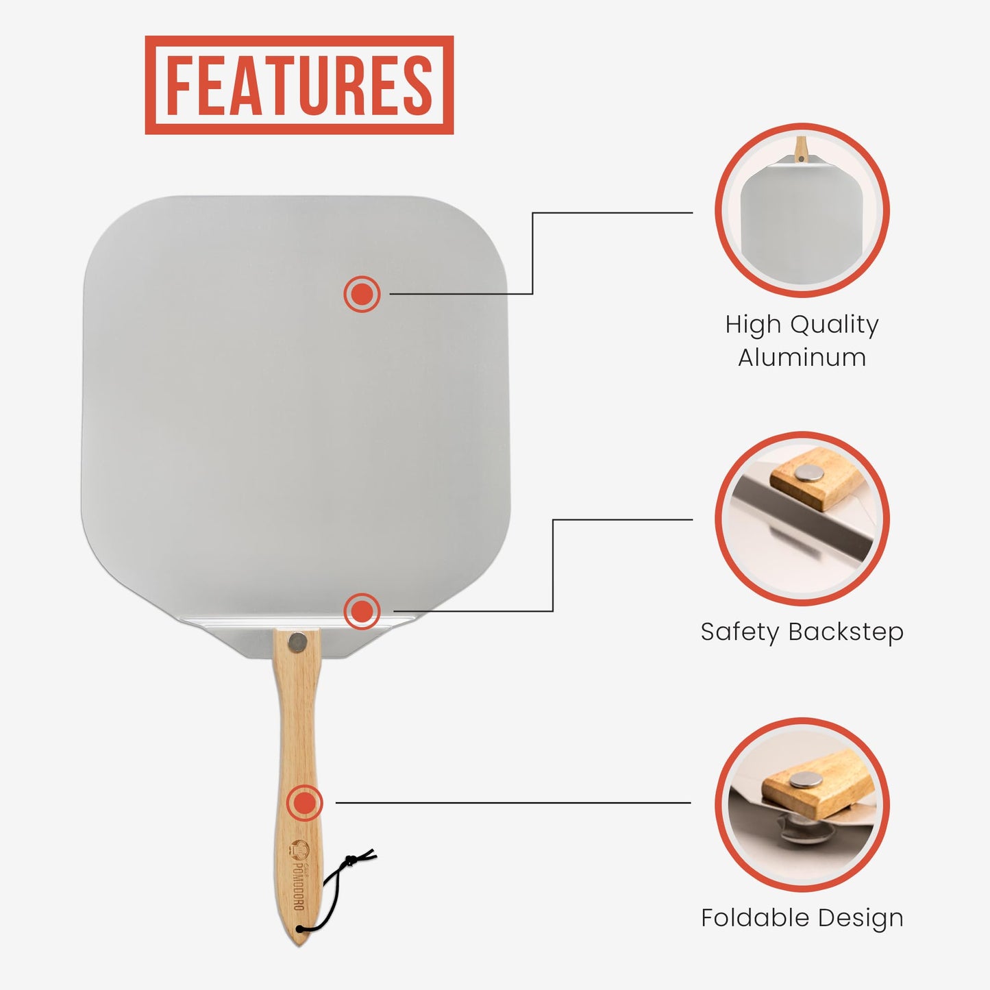 Chef Pomodoro Aluminum Metal Pizza Peel with Foldable Wood Handle for Easy Storage, Pizza Spatula, Gourmet Luxury Pizza Paddle for Baking Homemade