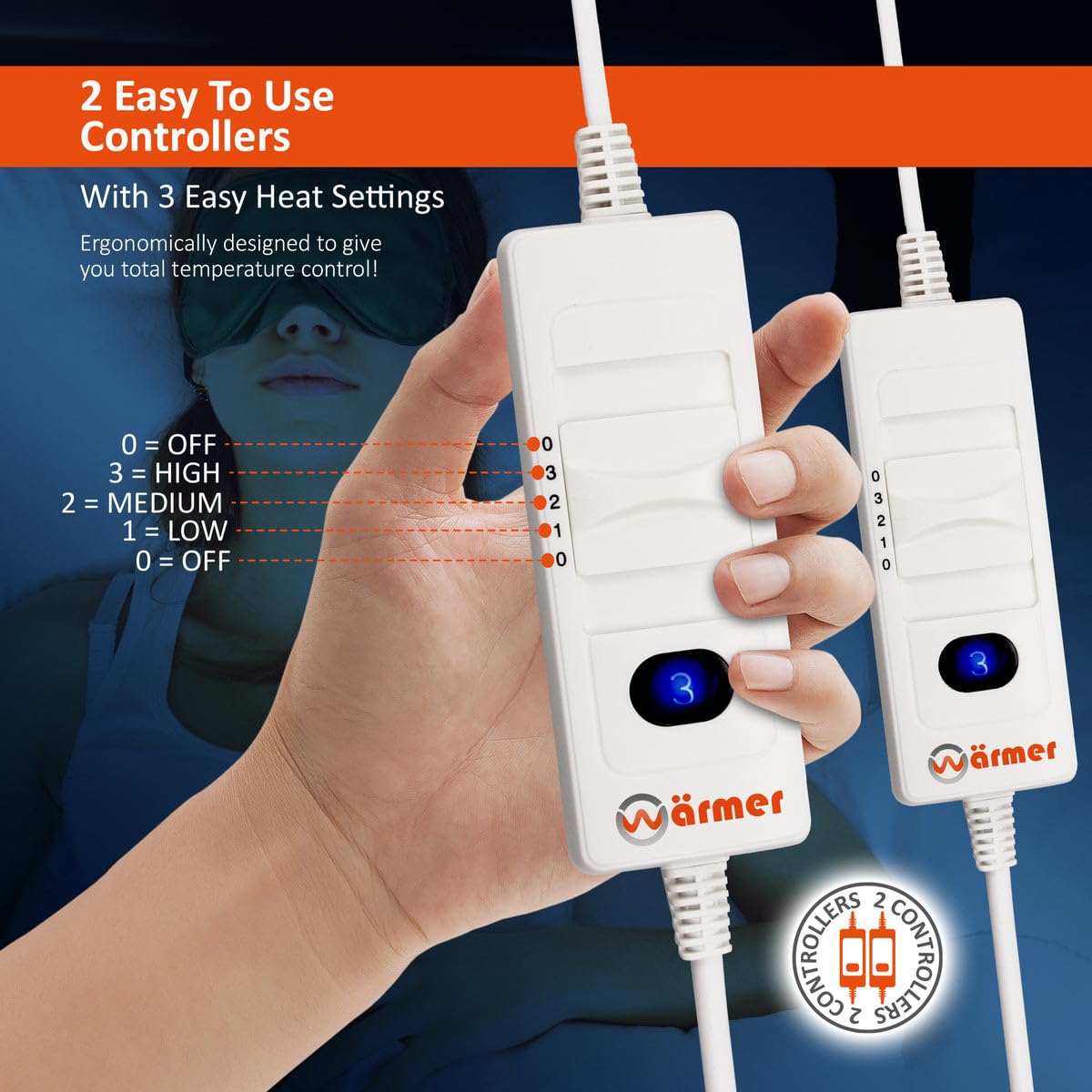 Wrmer Electric Blanket King Size - Dual Control, Fully Fitted Mattress Cover with Elasticated Skirt, 3 Heat Settings, 2 X Detachable Controllers -