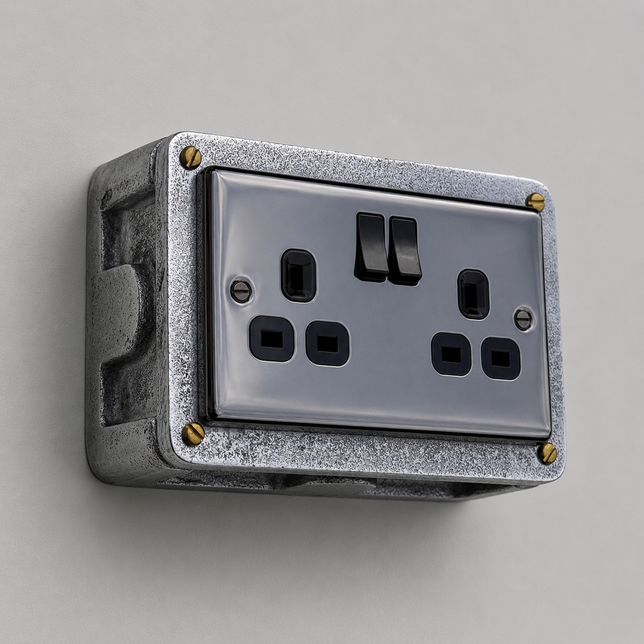 Black Nickel Double Switched 13A Socket | 2 Gang Solid Cast Metal Industrial Power Socket