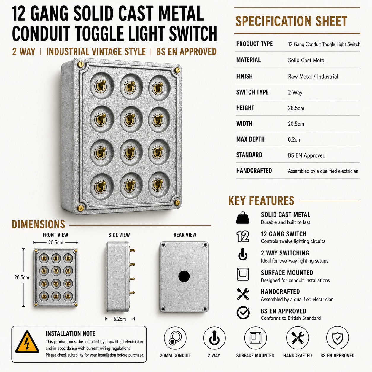 12 Gang 2 Way Solid Cast Metal Conduit Toggle Light Switch