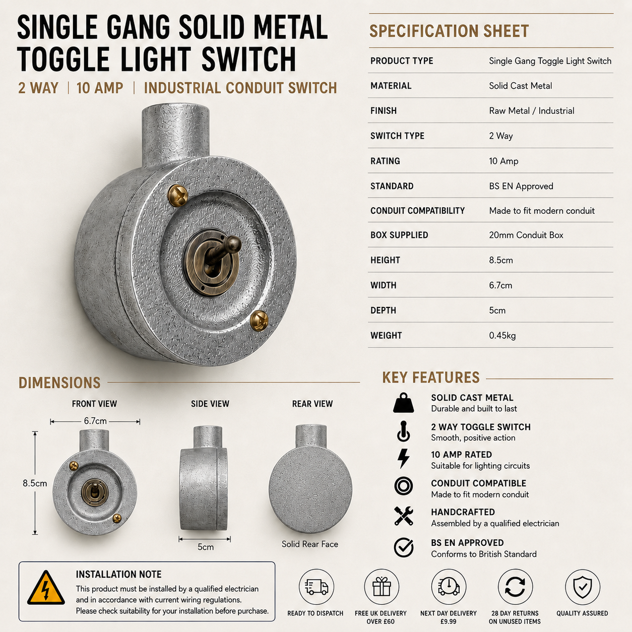 Single Gang Metal Conduit Light Switch | 2 Way Industrial Vintage Style