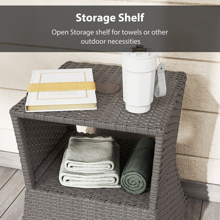 Outsunny Rattan Outdoor Coffee Table, Wicker Garden Patio Bistro Side Table with Umbrella Hole and Storage Space, Dark Grey