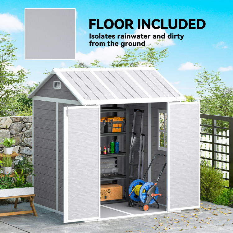 Outsunny 6 x 6ft Plastic Garden Shed with Floor, Window, Vents, Grey
