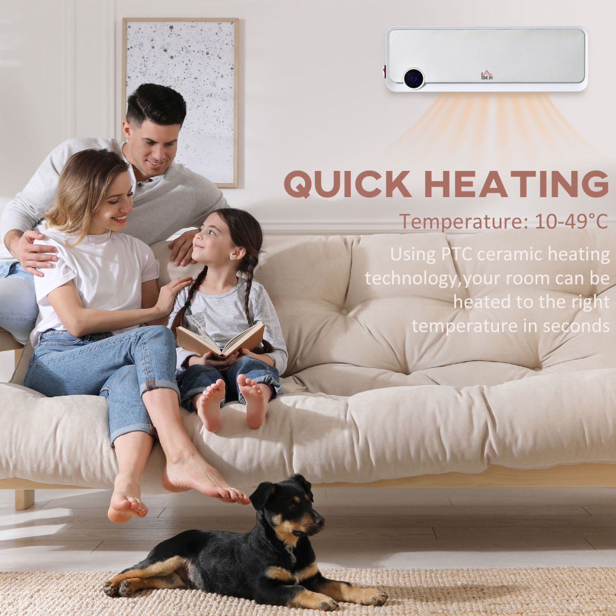 Wall Mounted Downflow Ceramic Heater with 12h  Timer, Remote