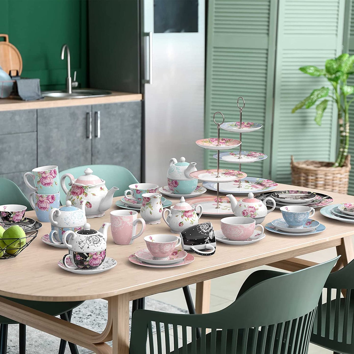 After Tea Coffee Set in Pink Rose Teapot Set, Cups/ Saucers Cake Stand
