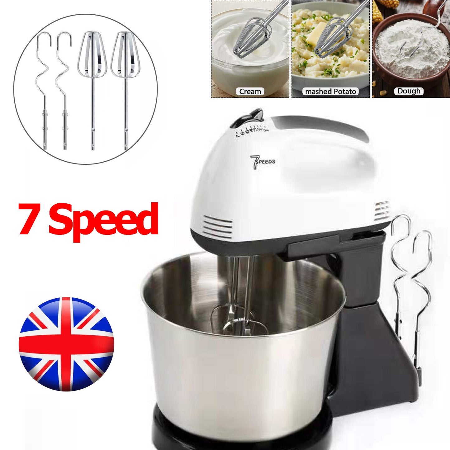 7 Speed Electric Stand Mixer Stainless Steel Cake Mixing Bowl Blender Egg Beater