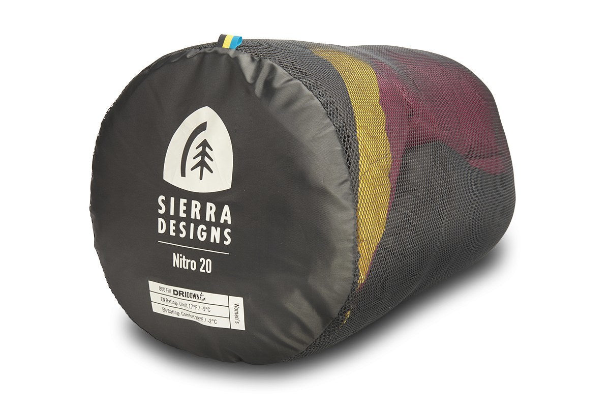 Sierra Designs Women's Nitro 20°F (-7°C) 800-Fill DriDown Sleeping Bag - Regular - Sangria/Yellow/Peat