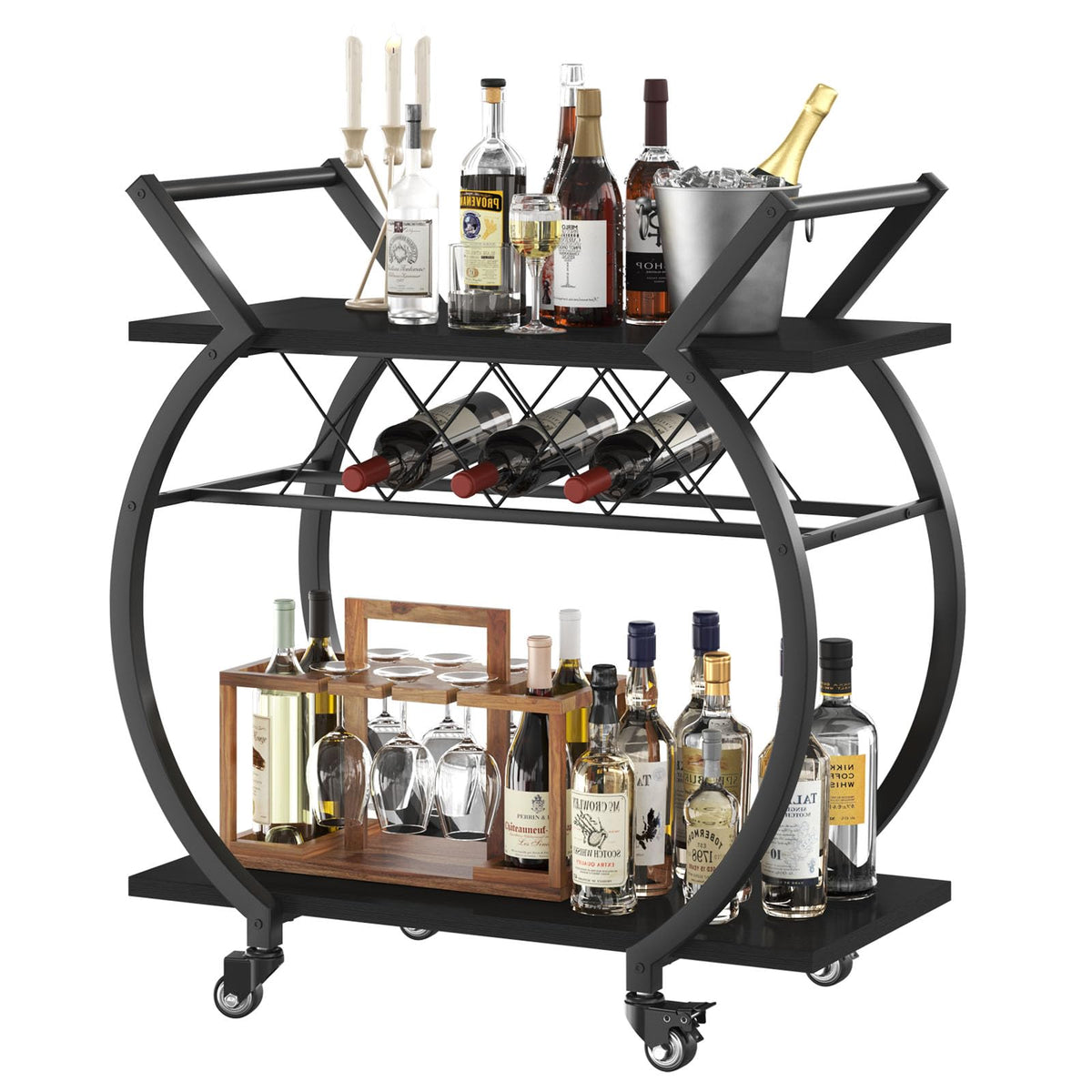 LVB Drinks Trolley, Rolling Bar Cart, Kitchen Trolley on Wheels, Modern Serving Trolley, Wine Cart with Storage Shelves, Wine Holders, for Home Bar