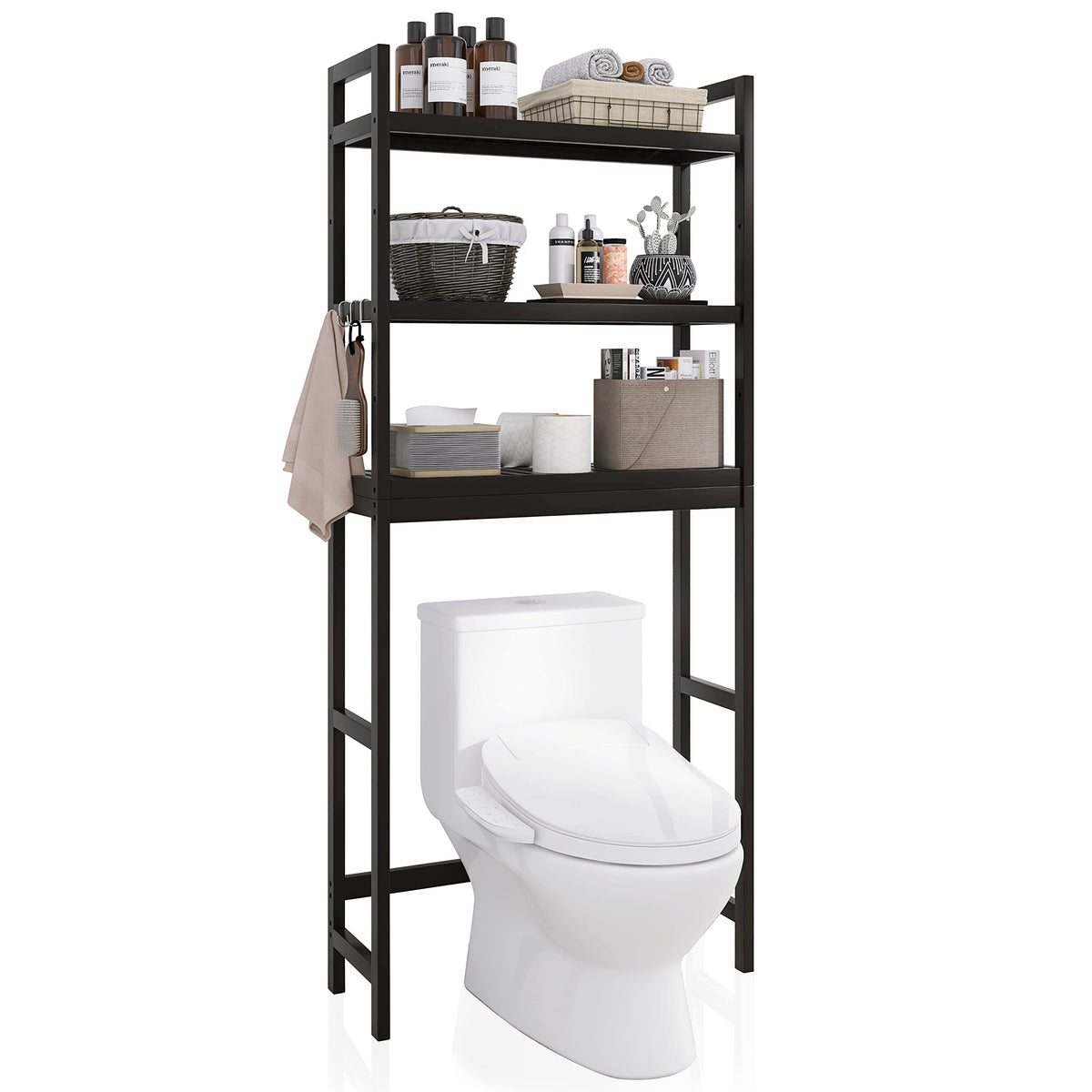 SMIBUY Bathroom Storage Shelf, Bamboo Over-The-Toilet Organizer Rack, Freestanding Toilet Space Saver with 3-Tier Adjustable Shelves (Black)