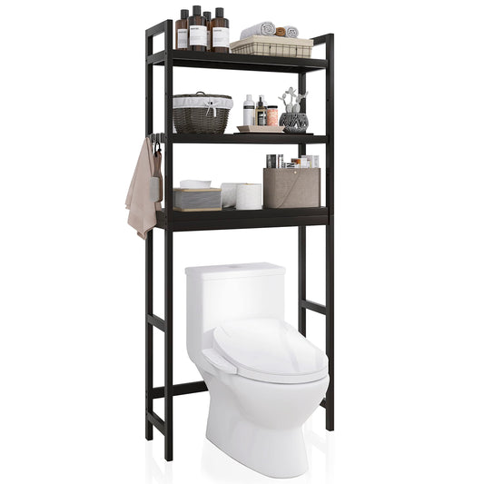 SMIBUY Bathroom Storage Shelf, Bamboo Over-The-Toilet Organizer Rack, Freestanding Toilet Space Saver with 3-Tier Adjustable Shelves Black