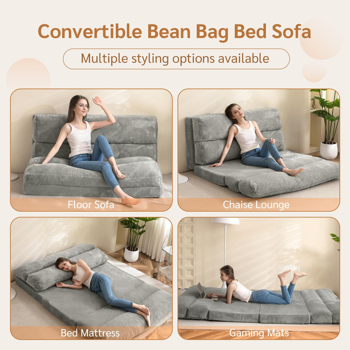 MAXYOYO Bean Bag Bed Folding Sofa Bed Floor Mattress for Adults, Extra Thick 6 Fold Floor Sofa Floor Couch for Bedroom Living Room, Gray, 100x240 cm