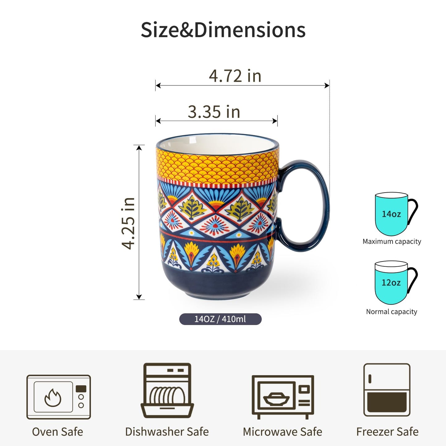HENXFEN LEAD Porcelain Coffee Mugs, 410ml Coffee Mug Set with Handle, Porcelain Cups for Tea Coffee Milk Cappuccino, Colourful, 6 Pack - Bohemian
